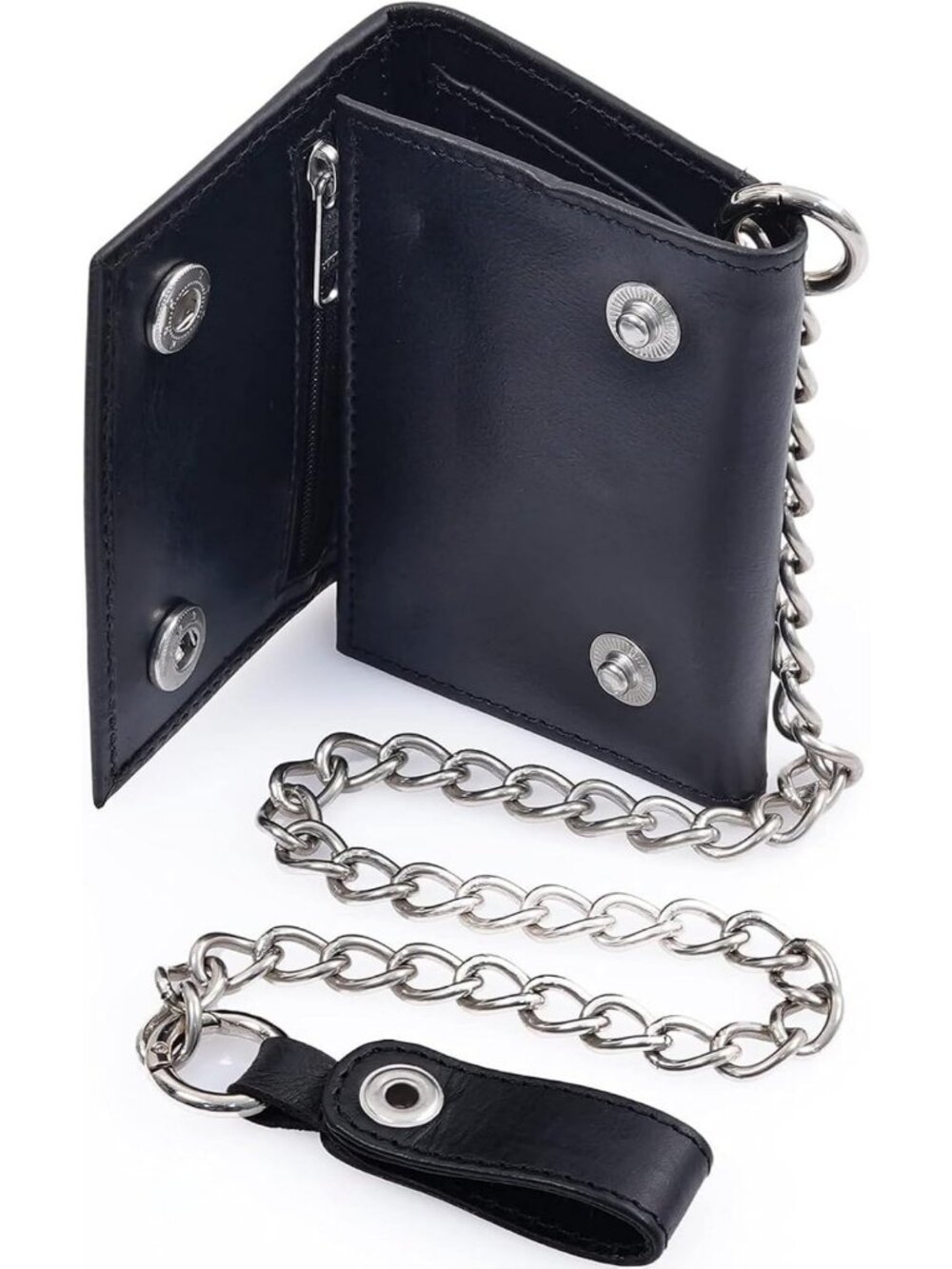 Stylish Leather Biker Wallet with Chain – Full Grain, Zipper Pocket, ID & Card
